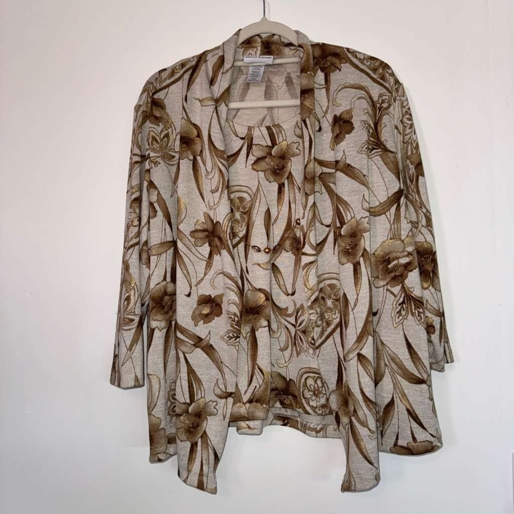 Alfred Dunner Women L Open Front Cardigan Top Beige Brown Floral Embellished VTG